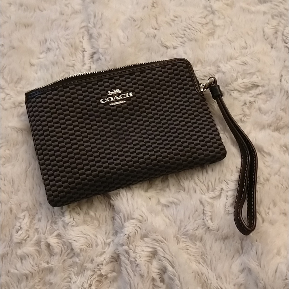 Coach Wristlet in Black and Grey Fabric with Leather wrist strap